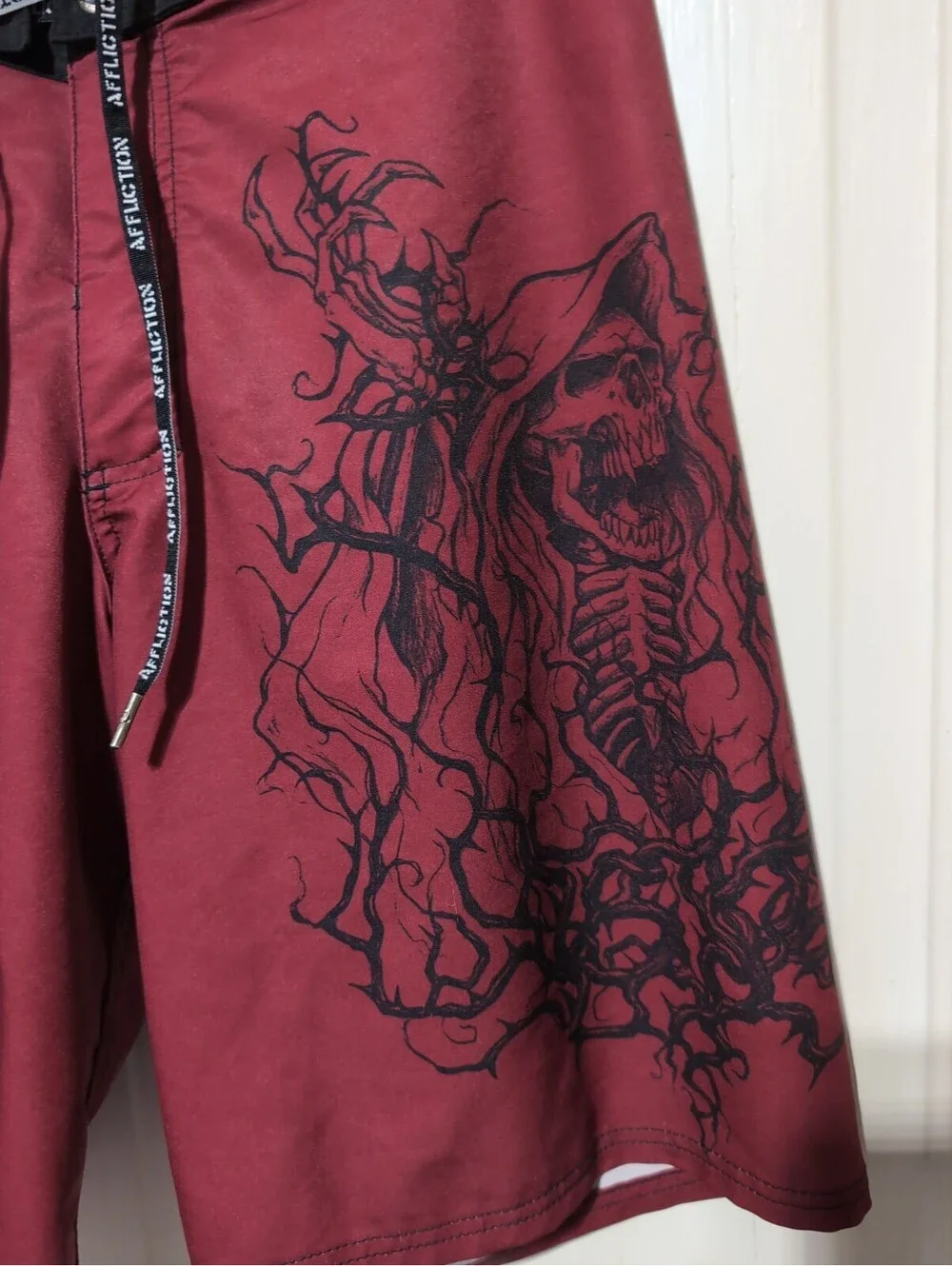 Affliction Board Shorts Skeleton Cross Skull Swim Trunks Red Men's 32(1598)F